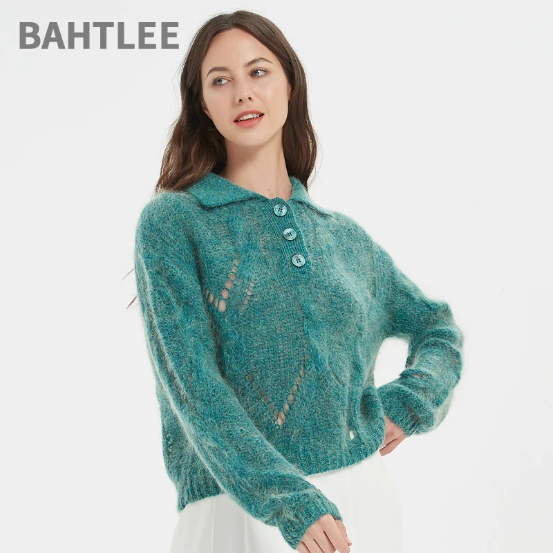 BAHTLEE-Knitted Mohair Sweater for Women, Wool Jumper, Long Sleeves, Turn-Down Collar, Loose Style, Hollow Out Design, Autumn