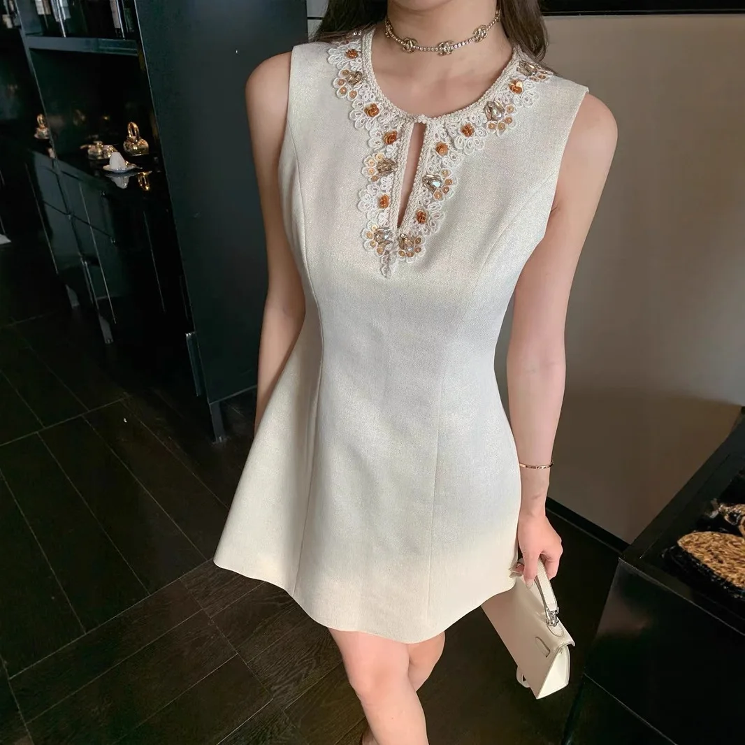 French Elegant Temperament Socialite Party Dresses Diamond Round Neck Sleeveless Loose High Waist A-line Short Tank Dress Women