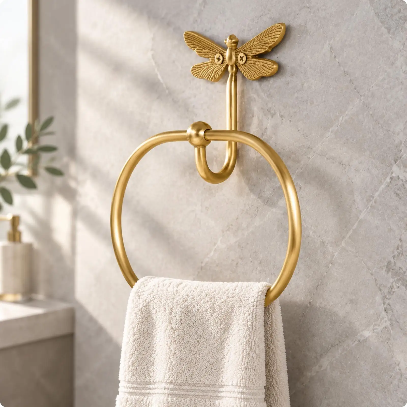 Brass Towel Loop with Dragonfly Backplate Elegant Dragonfly Towel Holder with Decorative Motif for Powder Room, Washroom