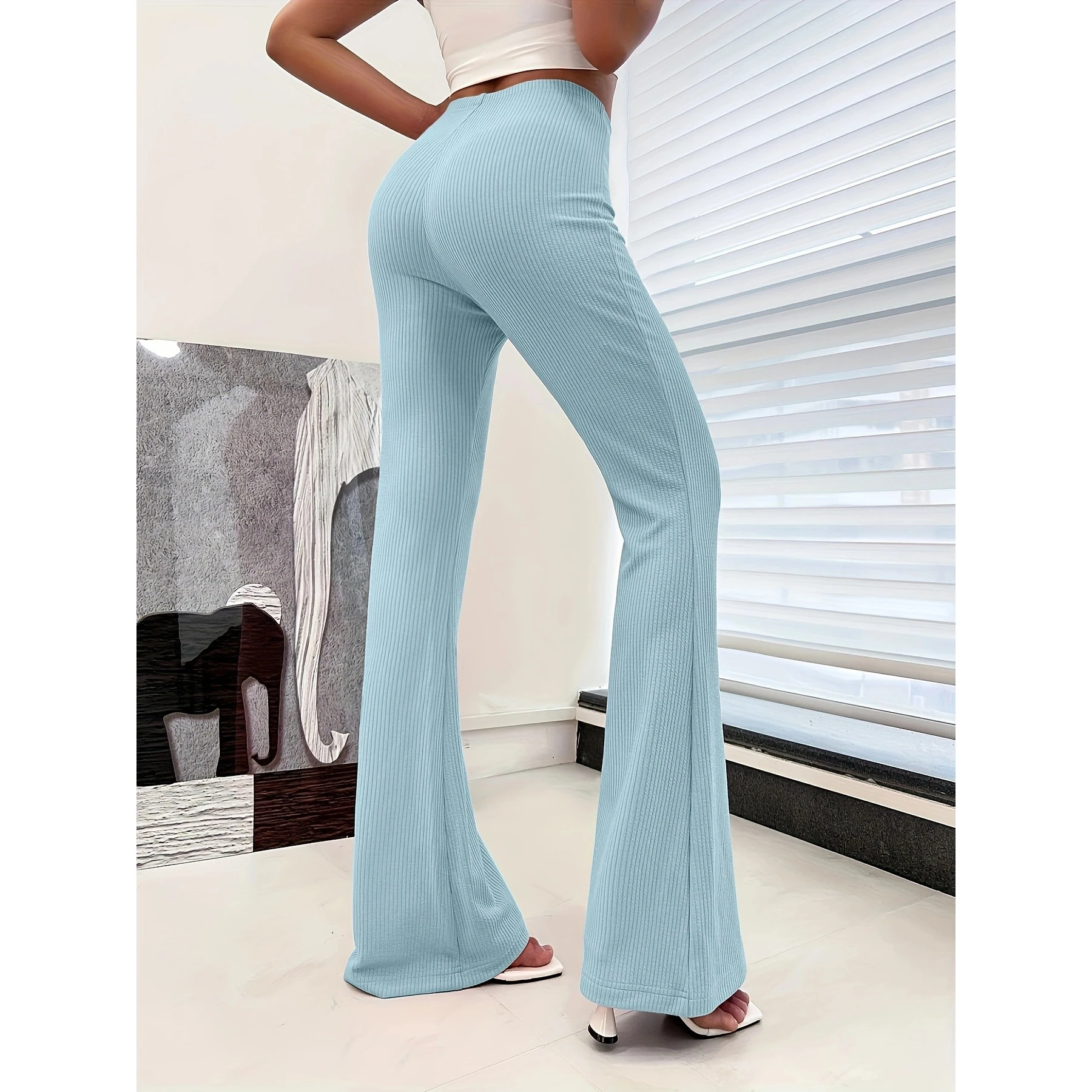 سروال وردي عالي الخصر مضيئة للنساء سروال مضلع قابل للتمدد بلون سادة ملابس غير رسمية عصرية