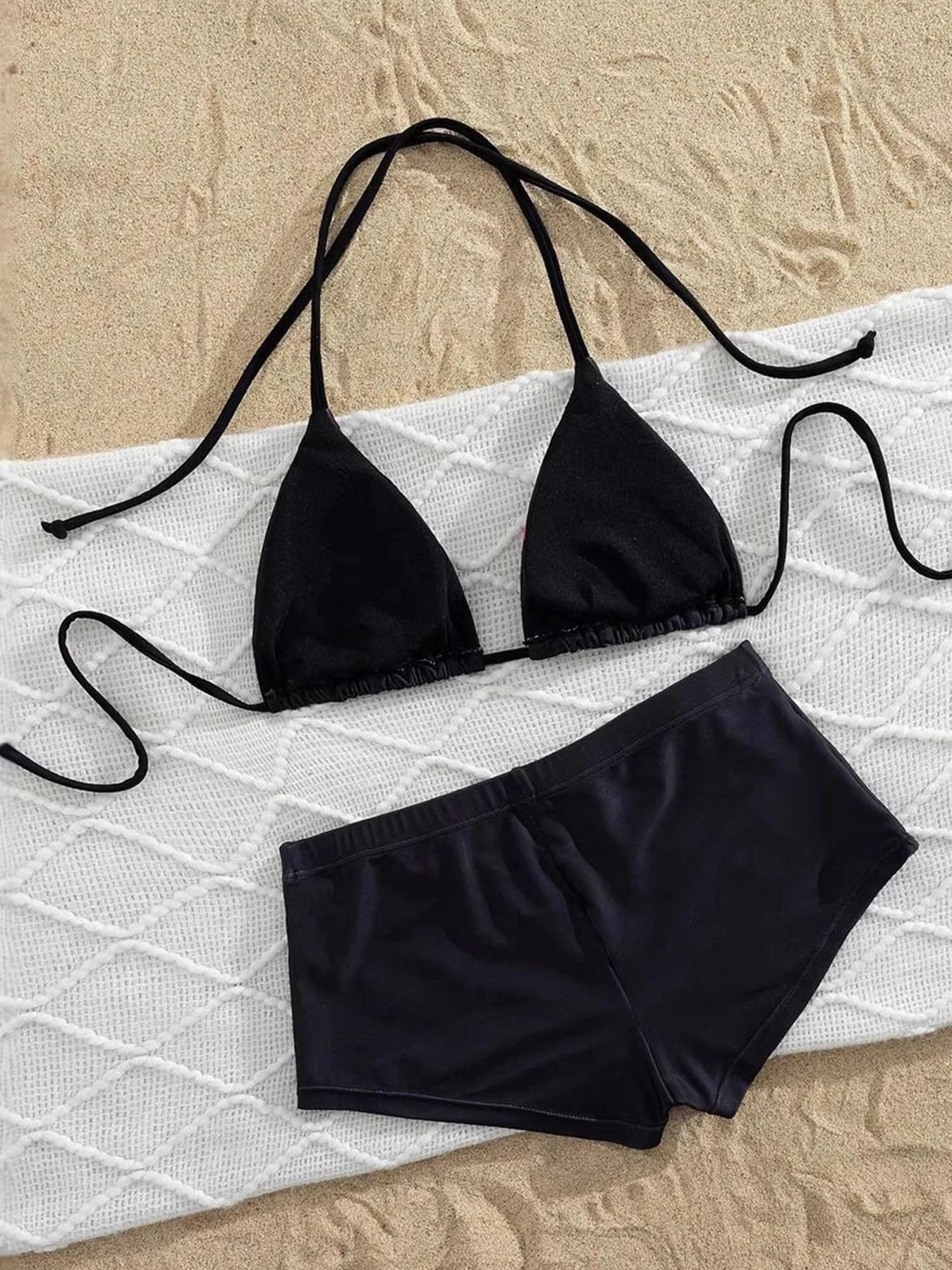 Black Lily Print Halter Triangle Bikini Set Boyshort Conservative Two Piece Swimsuit