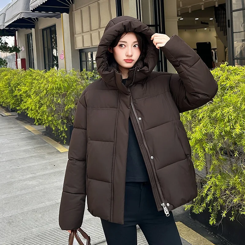 Winter Short Hooded Puffer Coat Drawstring Hem Zip‑Up Front Bright Loose Silhouette Warm Casual Street‑Style Ladies Outerwear