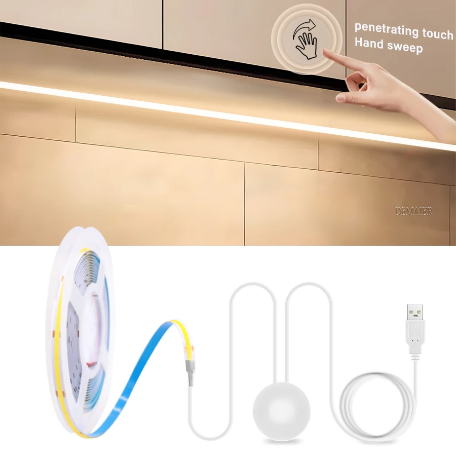 COB LED Strip Under Cabinet Light Collection Dimmable USB Penetrable Kitchen Bathroom Lamp Lighting Touch Hand Scan Sensor