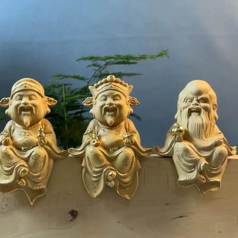 Wooden Fu Lu Shou Three Star Gods, Hand-Carved Chinese Auspicious Figurines for Home and Living Room Decor