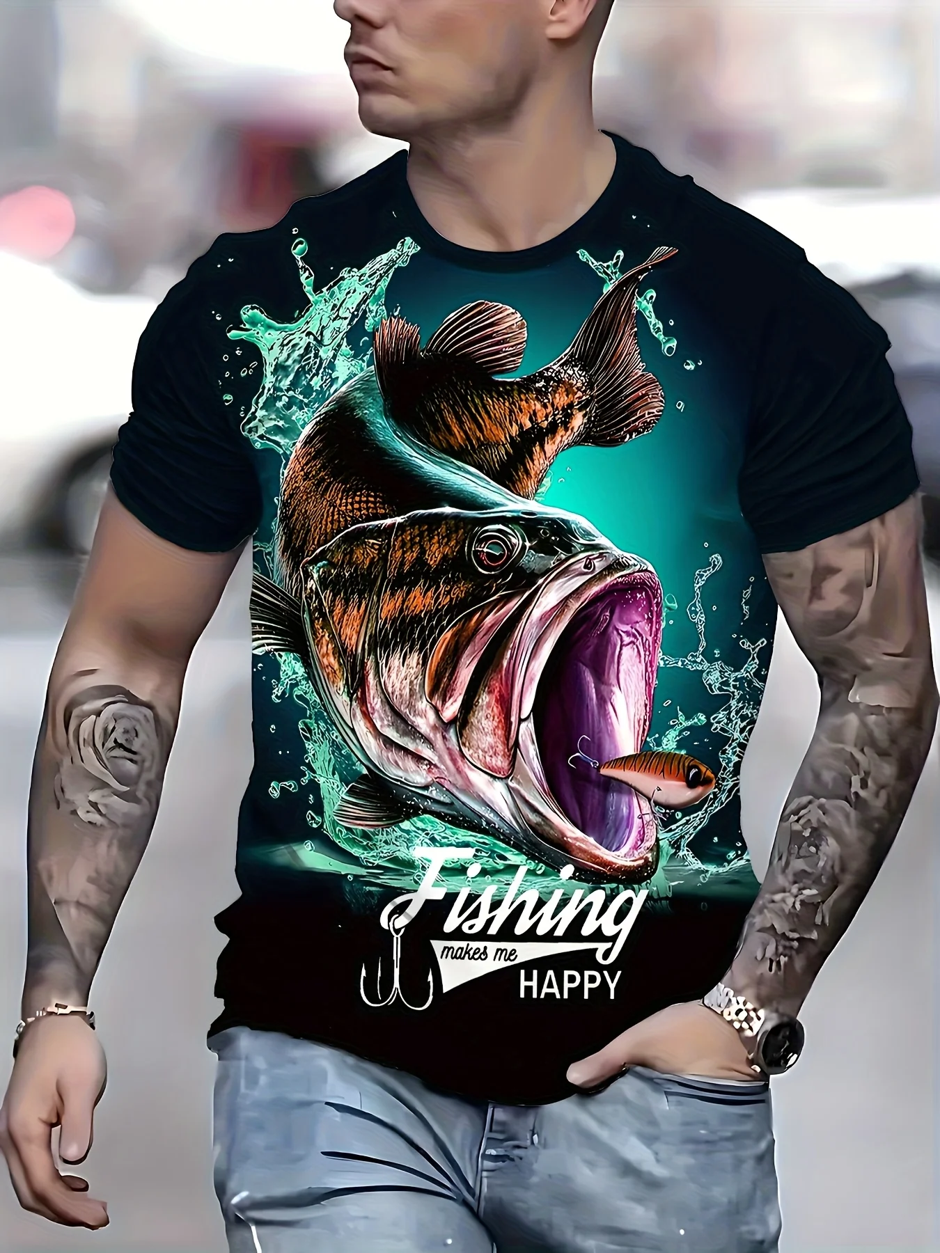 Summer Retro Fish Print Clothing Round-Neck Men's T-Shirt Outdoor Fishing Short-Sleeve T-Shirt Men's T-Shirt Plus Size Tops