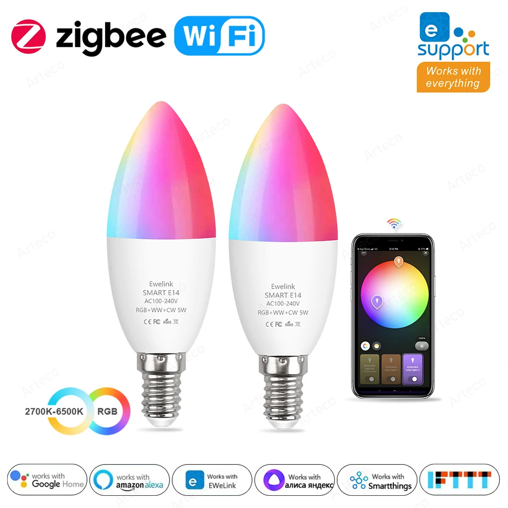 

Ewelink E14 Led Bulb Zigbee Smart Wifi RGB Led Light 100-240V Candle Bulb Dimmable Led Chandelier Lamp Spotlight For Home Decor