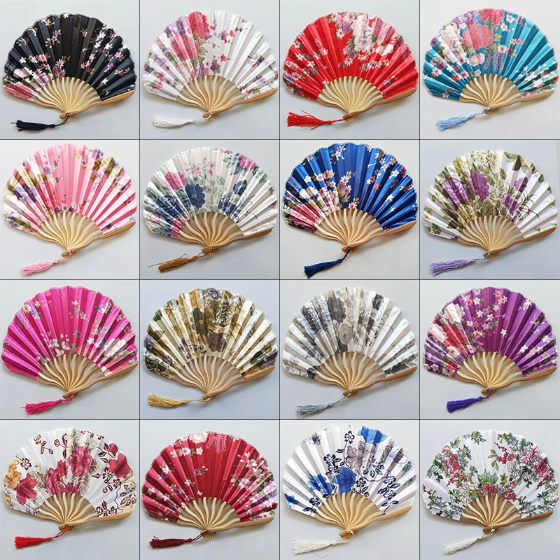 Schöne japanische Art Retro Muschel geformt Fan Seide Stoff Bambus Falt fächer Hochzeit Hand Fans elegante Blume gebogen Fanbone