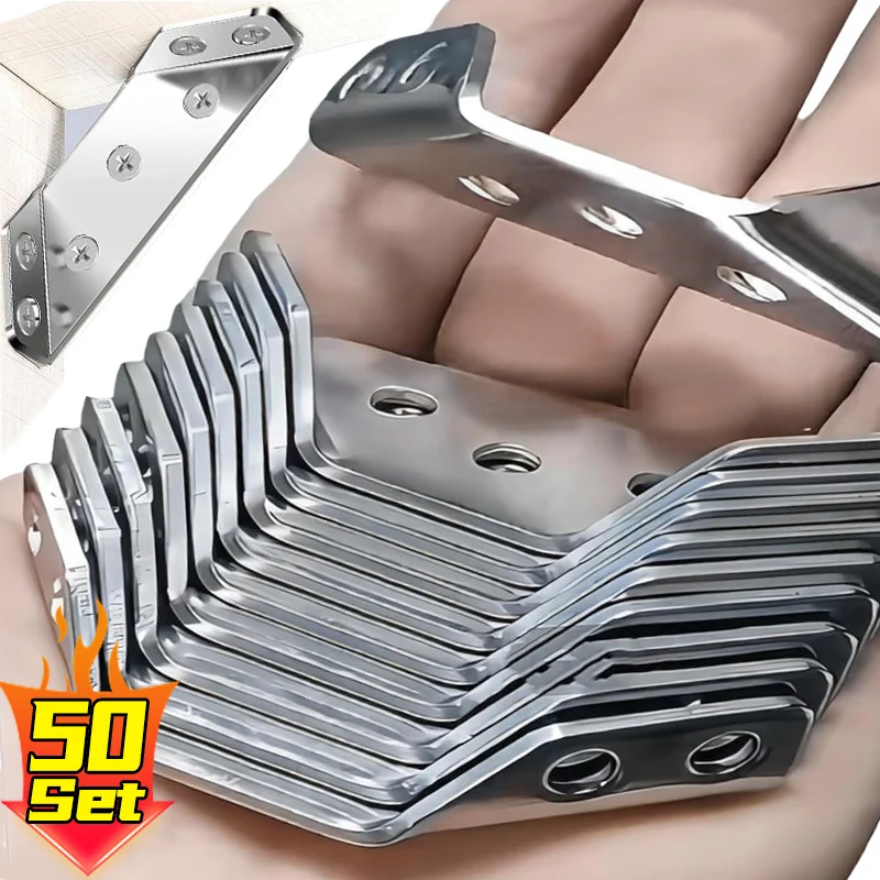 50x Stainless Steel Furniture Corner Brackets Angle Universal Shelf Fixing Corner Connector for Cabinet Brace Kits with Screws