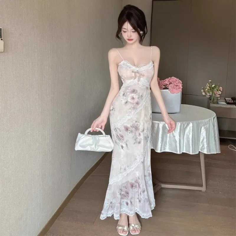 Woman Dress Floral Printed Sexy Lace Patchwork Sleeveless Slim Elegant Bow Vintage Party Dresses Backless Ladies Summer