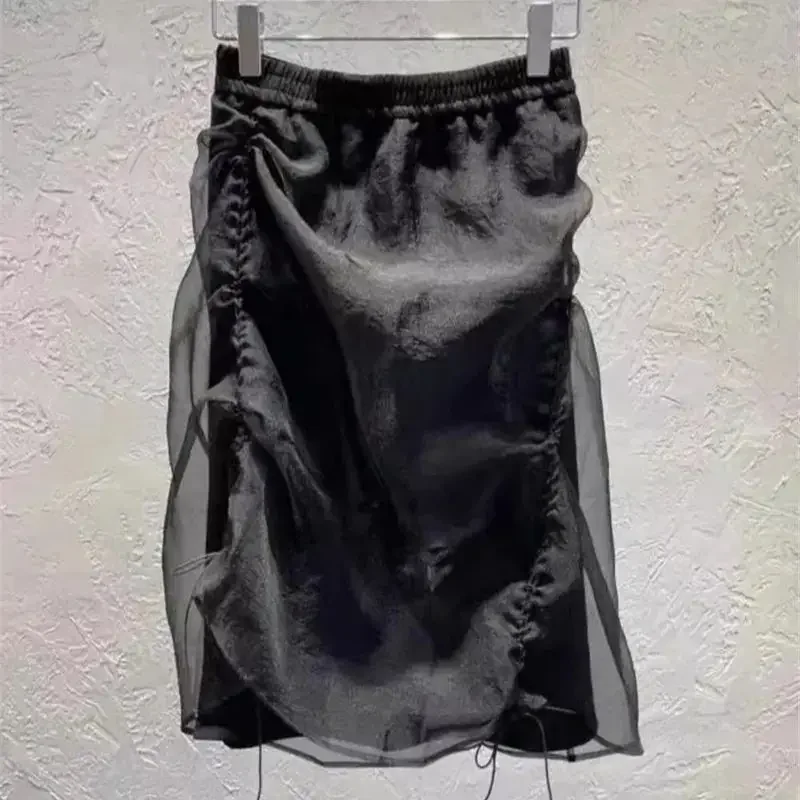 

New Fashion Drawstring Skirt Women Organza Patchwork Elastic Waist Irregular Summer Midi Skirts Streetwear Jupe Y2K Harajuku