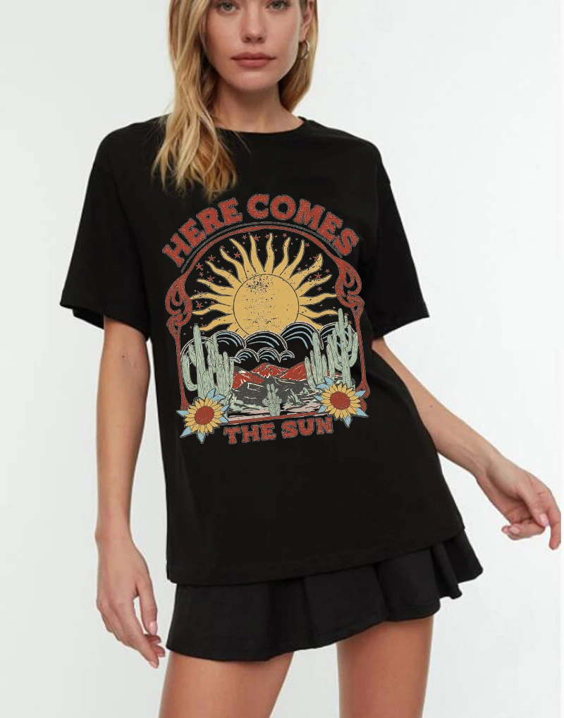 

HereComes The Sun T Shirt Short Sleeve Loose Botanical Tshirt Vintage Cottagecore Clothes Women Retro Aesthetic T-Shirts