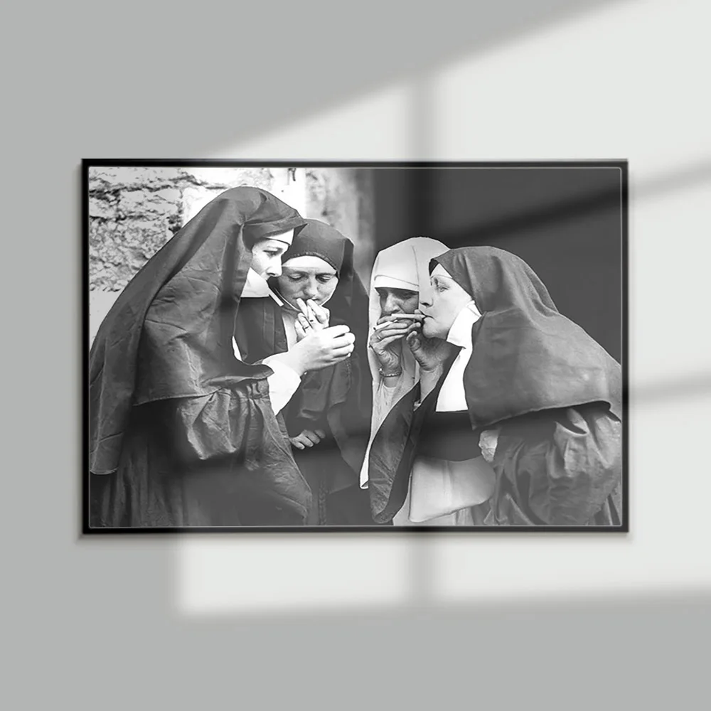 Nun Smoking Photo Vintage Print Art Black White Poster Bedside Background Canvas Painting Decor Wall Picture