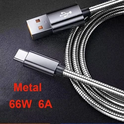 66W 6A Type C Charge Data Cable Spring Metal Braided For Xiaomi 13 K50 K60 Huawei Samsung S3 S6 S7 Android Phone Micro USB Cord