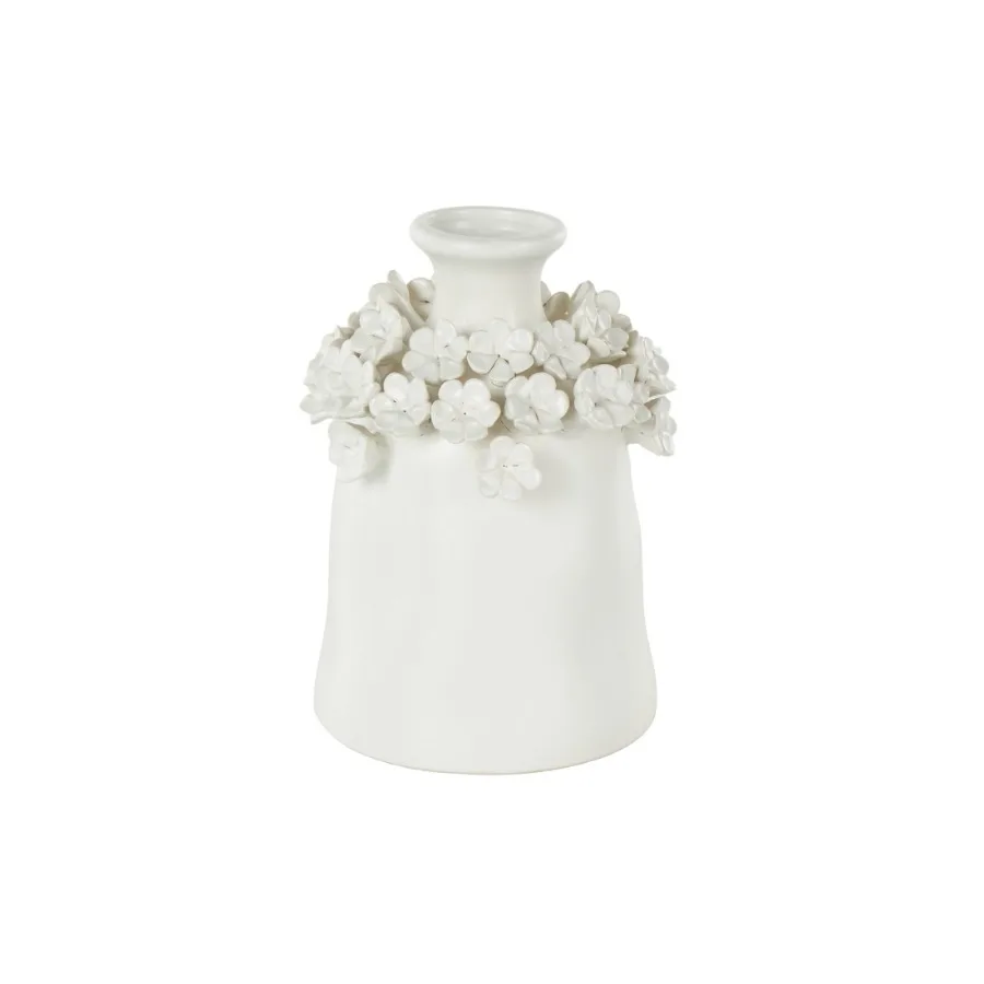 

9" Floral Round White Ceramic Vase with Narrow Opening