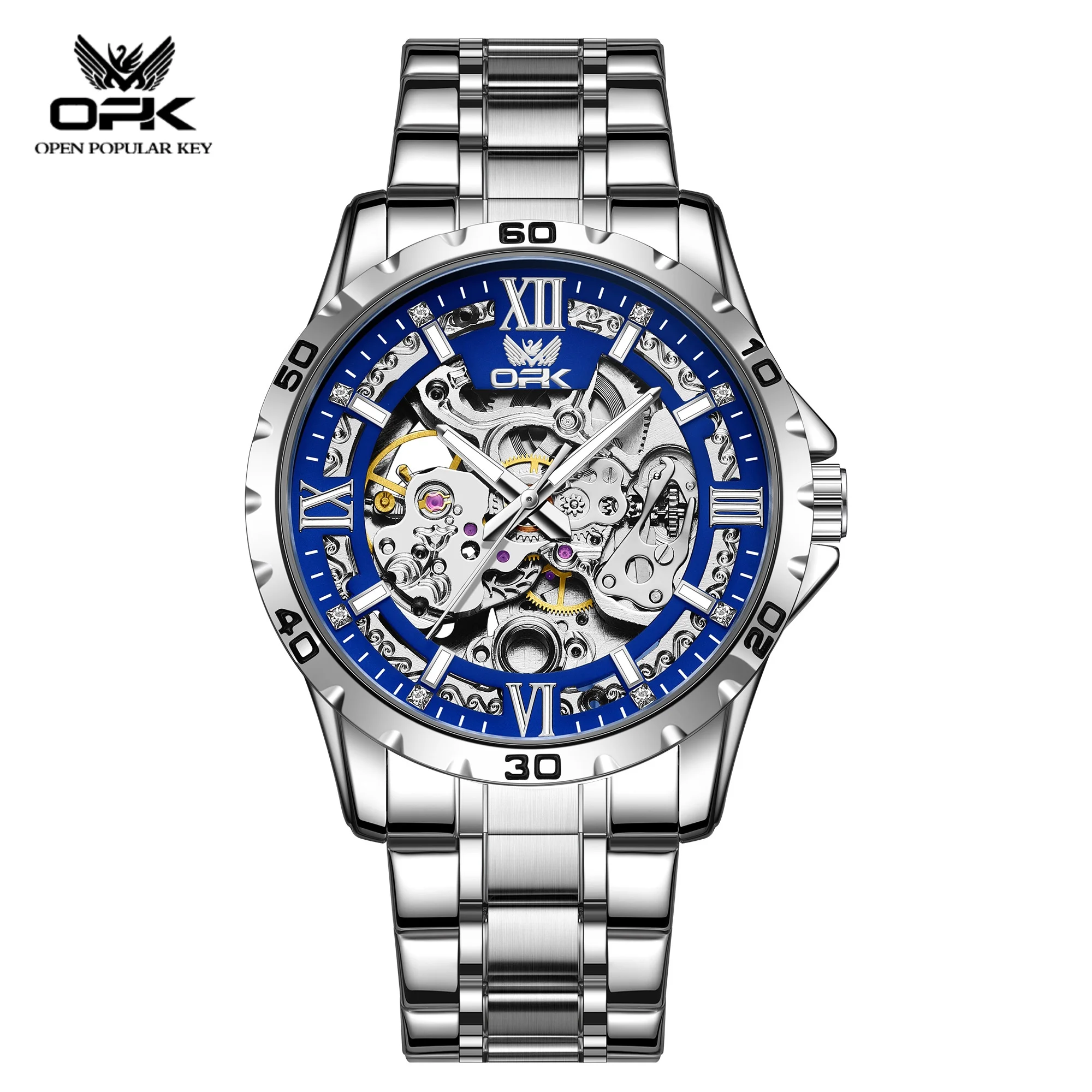 OPK Men's Luminous Waterproof Mechanical Watch Hollowed out See through Dial Stainless Steel Strap 6100