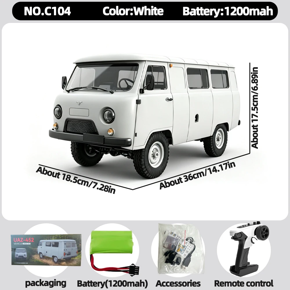 WPL C104 1:12 4WD Off-Road Bestelwagen RC Auto Vierwielaandrijving UAZ-452 Gesimuleerd RC Model Voertuig Elektrische Speelgoedauto voor Jongens en Volwassenen