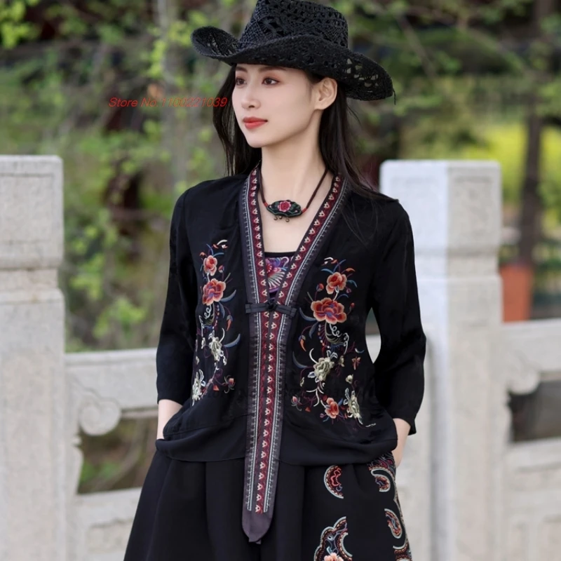 

2024 chinese vintage blouse national flower embroidery v-neck coat improved jacquard sun-protective clothing oriental hanfu tops