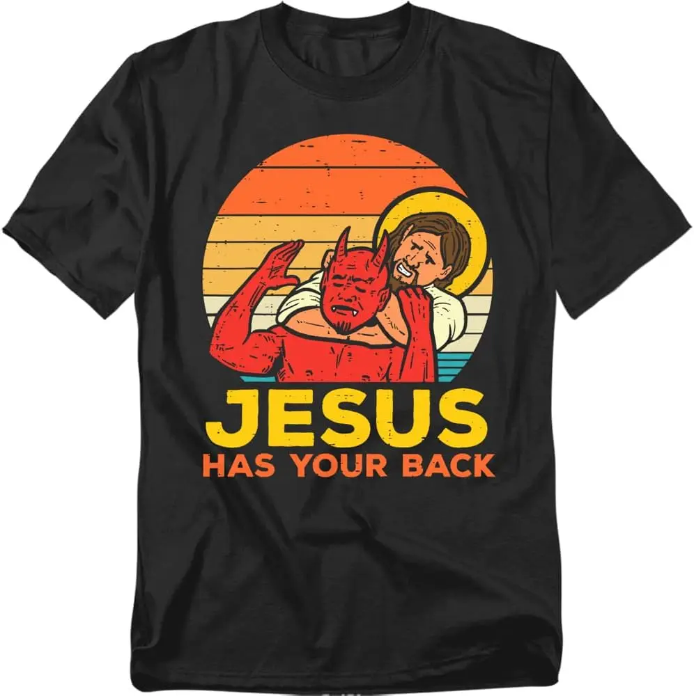 

Jesus Has Your Back Graphic Tee Christian Faith Retro Sunset Devil Wrestler T Shirt Men Women