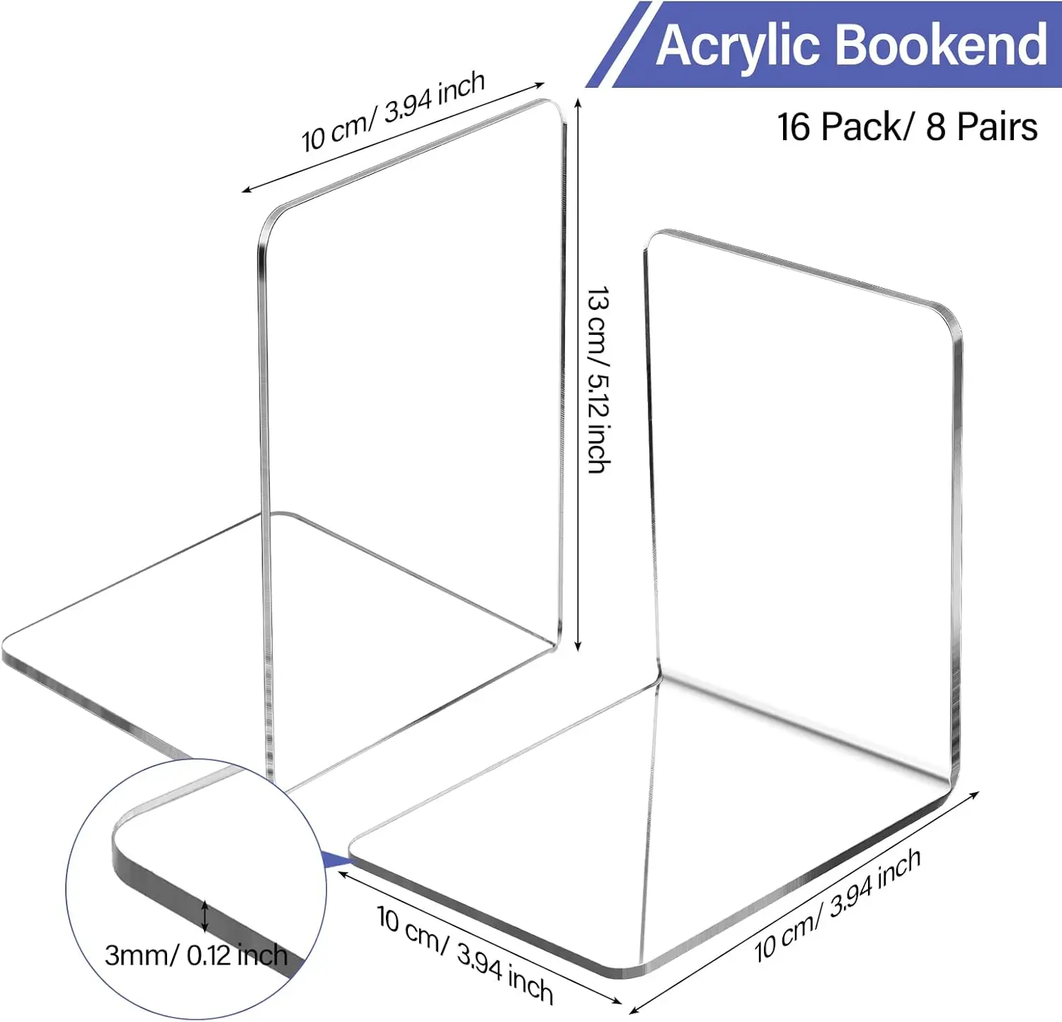 16Pcs Book Ends Clear Acrylic Bookends for Shelves Heavy Duty Book End L Shaped Dividers Book Stopper for School Library File