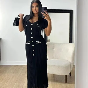 Elegante vestido longo de malha feminino, senhora do escritório, manga curta, decote V, bodycon de peito único, moda festa, verão 8 principais vendas vestido longo casual verão decote v - №4