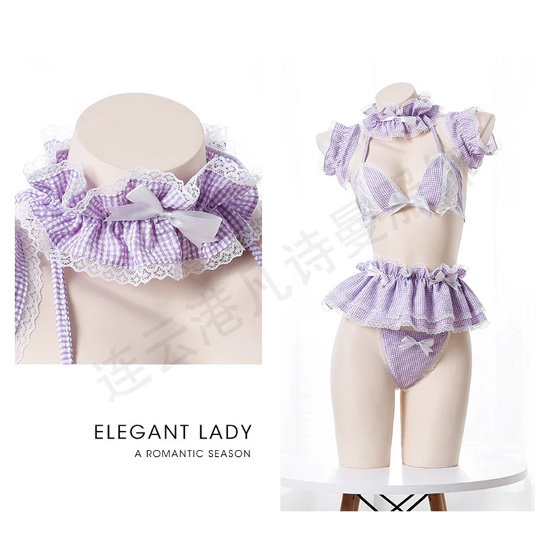 Uniforme Sirvienta Rose Bikini Collection ropa interior Sexy tentación de tres puntos ahuecado personaje seductor mucama apasionada Pl