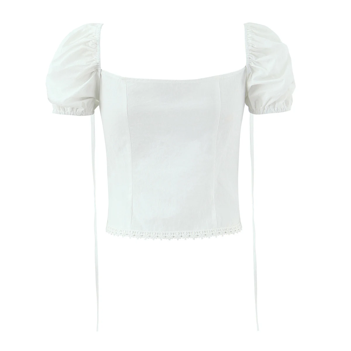 Holiday White Bow Lacing up Square Collar Short Puff Sleeve Shirt Women Hook Buttons Pleated Ruched Front Crop Tops