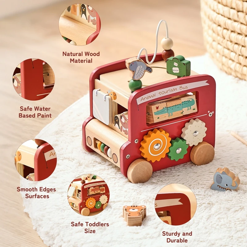 

Wooden Montessori Multi-purpose Animal Bus Toy Newborn Education Busy Board Children Hand And Foot Movement Game Baby Gifts