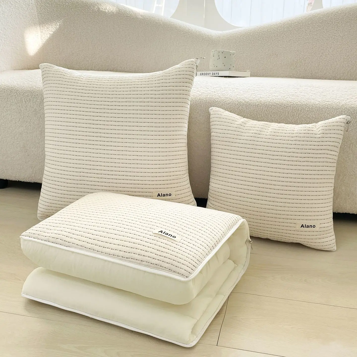 Portable Foldable Stripe Quilted Pillow Blanket All-in-One Cream White Soft Throw for Home Sofa Living Room Adults