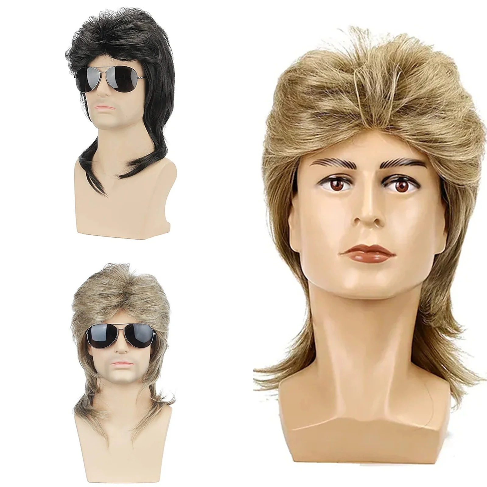 

70s 80s Cosplay Wig Disco Singer Wig Male Black Gold Wave Medium Long Hair Halloween Costume Dress Up for Daily Use