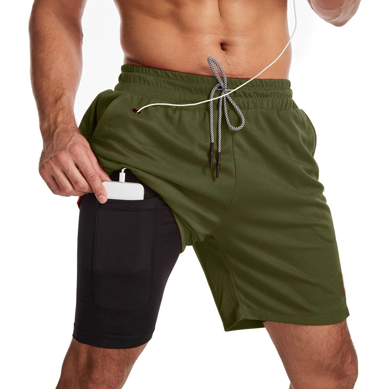

Men's 2-in-1 Fitness Running Shorts Quick Dry Training Slow Jogging Gym Summer Earphone Hole Design Sportswear