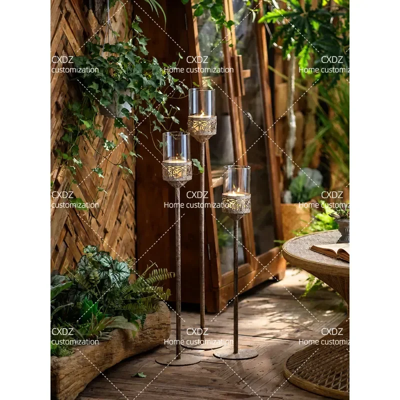 European Retro Wrought Iron Lace Glass Display Stand Floor to Ceiling Table Holder Decorative Props for Home Atmosphere