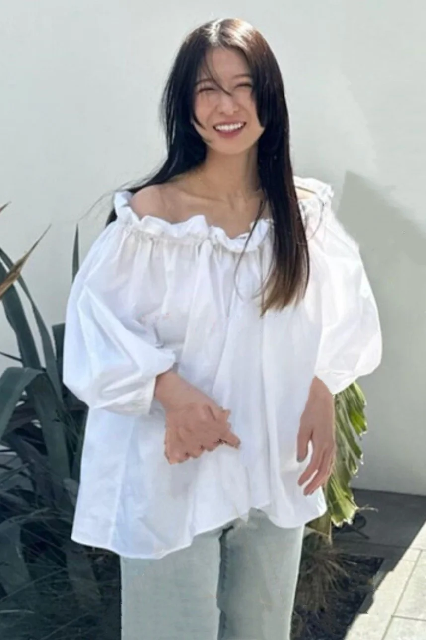 

Loose One-Shoulder Shirt with Ruffle Collar Commute Style Long Sleeve Simple Design Casual Women's Premium Fashion Shirt