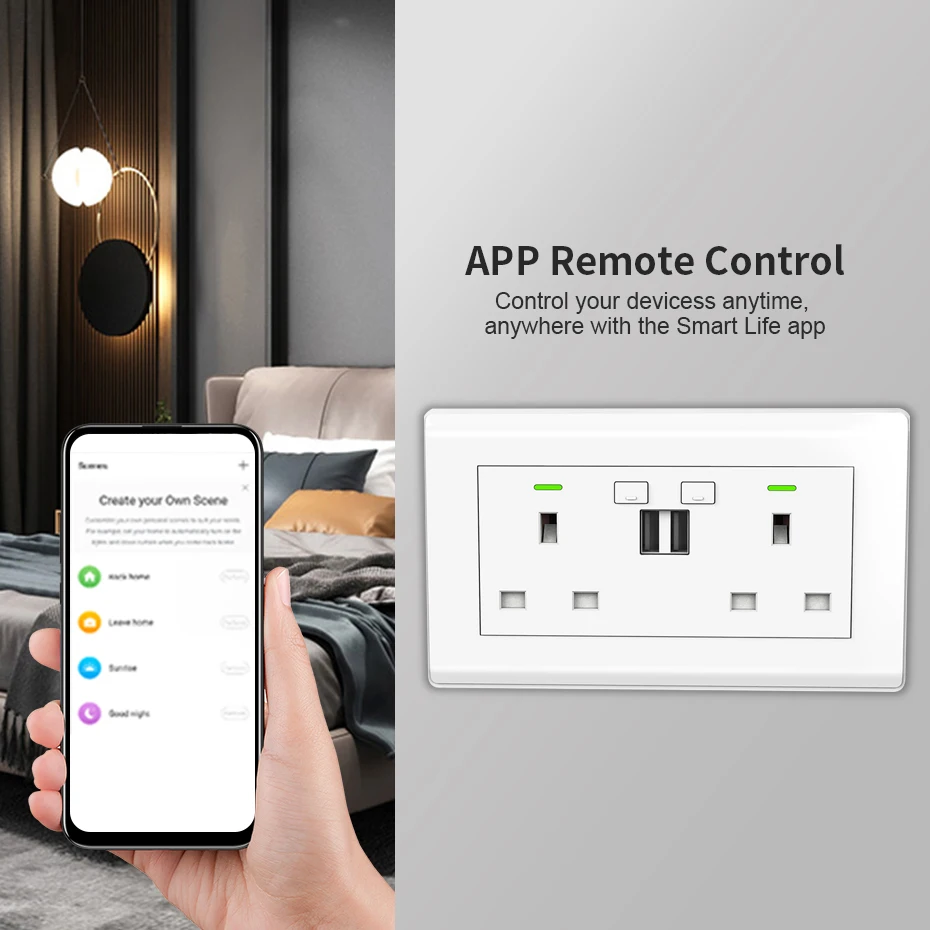 UK Tuya WIFI Smart Wall Socket USB Plug Ports Charger 10A Multiple Plugs with Two Usb Remote Control Work with Alexa Google Home