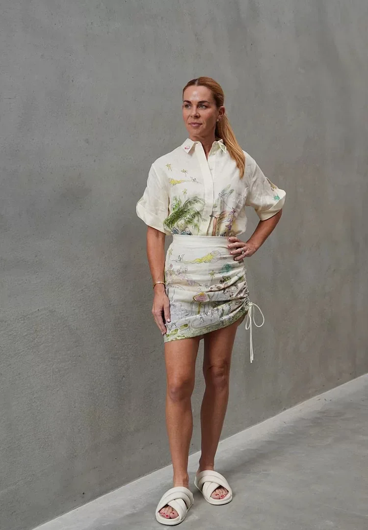 

Women Casual Shirt Single Breasted 100% Linen Shirt Printed Short Sleeve Blouse Or Drawstring High Waist Skirt