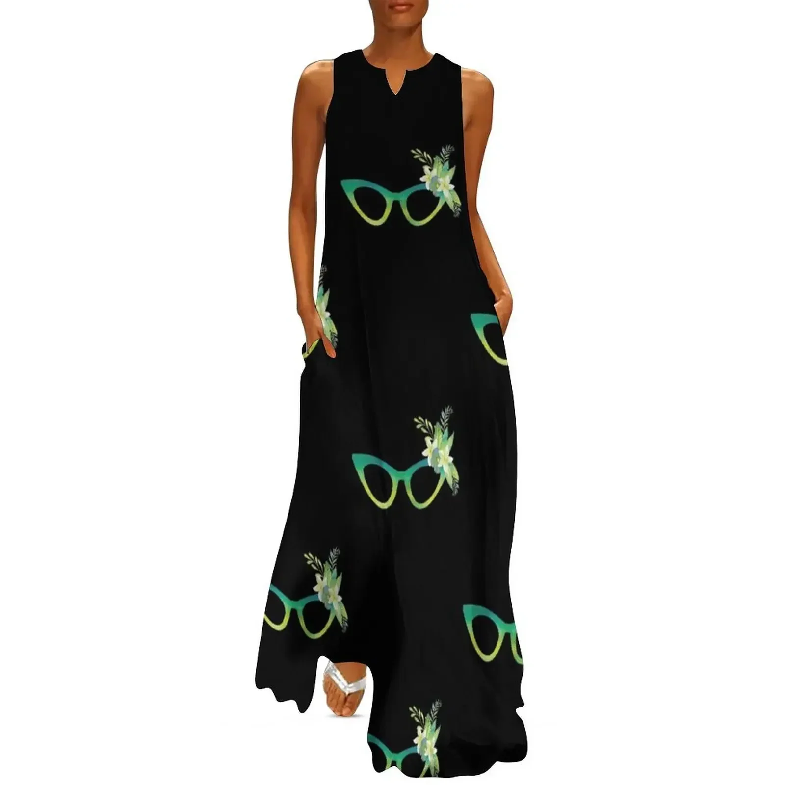 

Green And Yellow Cat Eye Glasses With A Floral Bouquet Long Dress Female clothing Summer skirt Long dress woman Dress