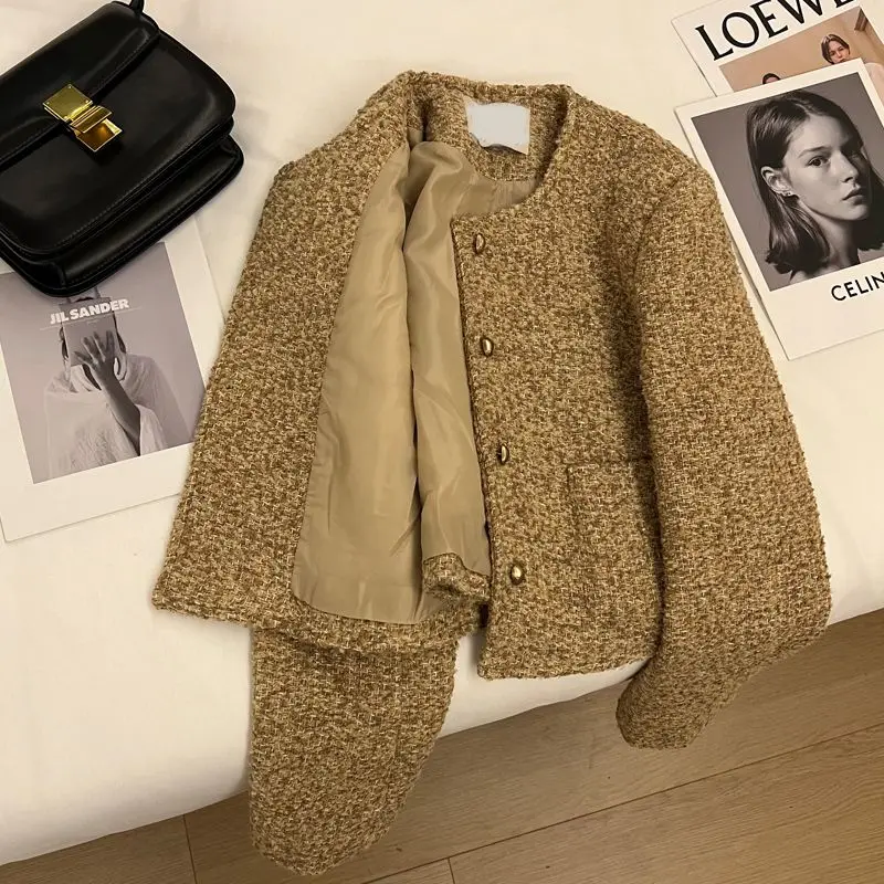 Women Tweed Vintage Cropped Jackets Korean Fashion Single Breasted Thick Coats Tops Fall Winter Casual Long Sleeve Short Abrigos