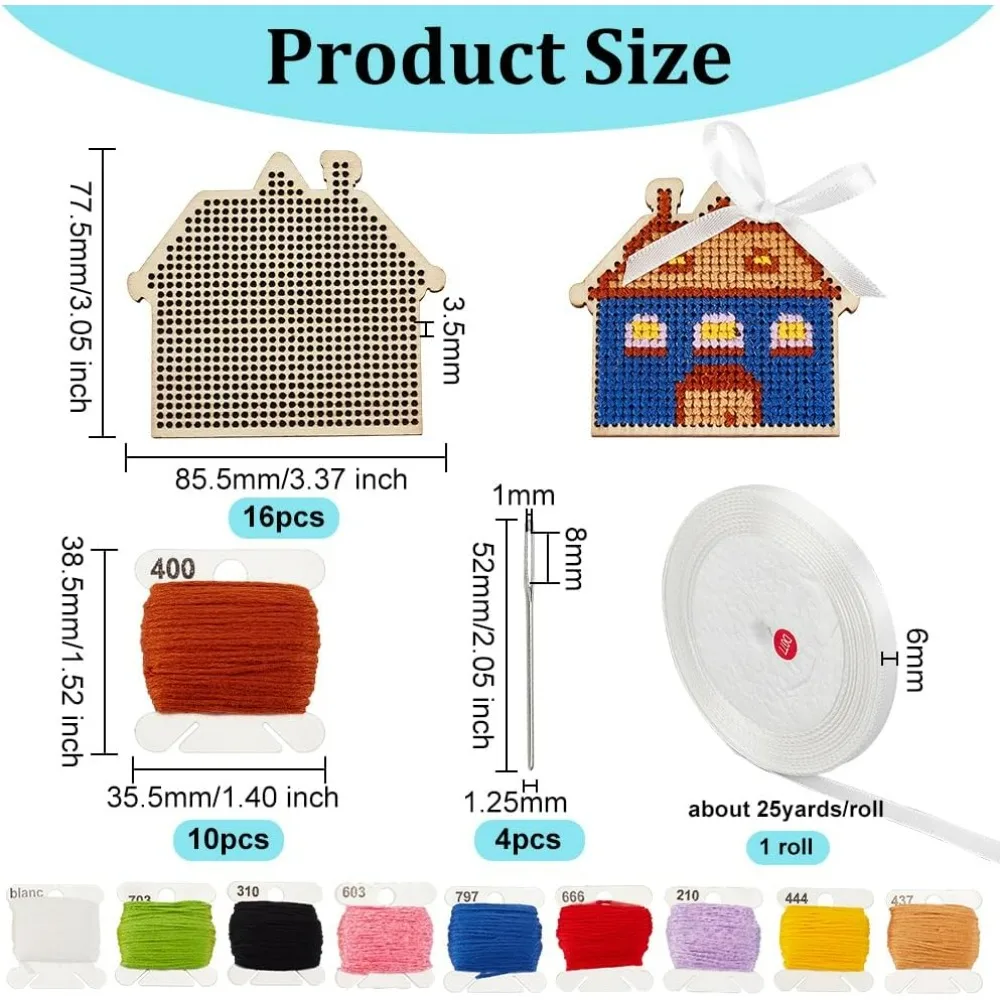 31pcs House Wooden Cross-stitch Blanks Set DIY Cross-Stitch Kits Cross Stitch Embroidery Kits Include Embroidery Cord Knitting