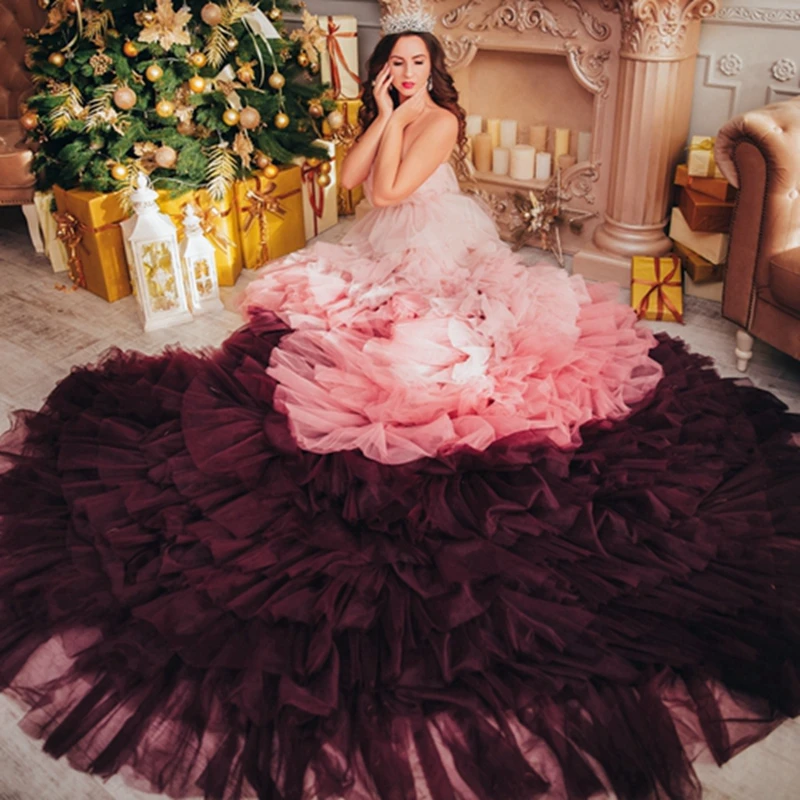 Trendy Mix Colors Tiered Tulle Bridal Dress Pretty Strapless Sweetheart Ruffles Long Prom Gowns With Train Formal Party Gown