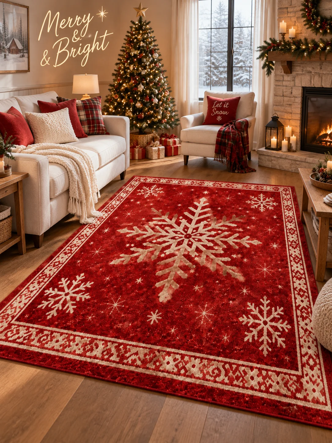 Christmas Red Snowflake Area Rug, Vintage Nordic Winter Snowflake Pattern Soft Flannel Carpet, Non-Slip Floor Mat for Living Room, Bedroom, Christmas Holiday Home Decor