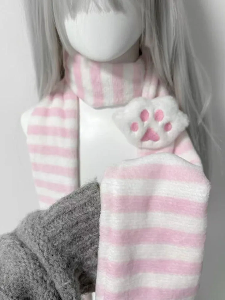 Syal Baru Lucu Bergaris Merah Muda untuk Wanita Syal Wanita Hangat Bergaris Cakar Kucing Manis Jepang Aksesori Mewah Y2k