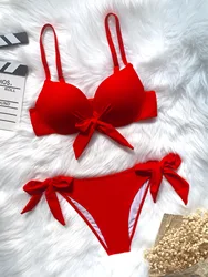 Sexy front bow knot push up bikini due pezzi solid costume da bagno tie bikini costume da bagno costumi da bagno Biquini conjunto de bikini tankini