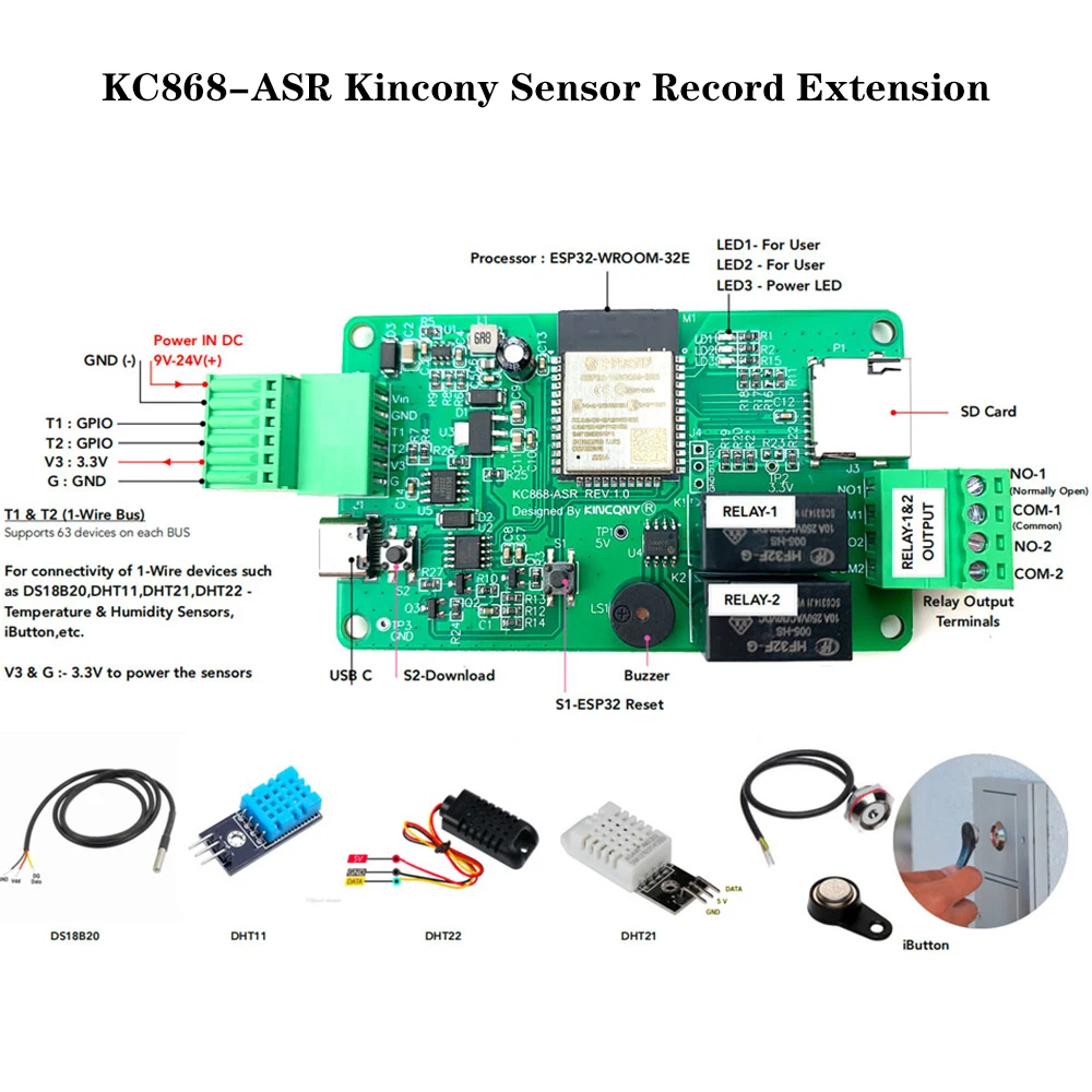 KC868-ASR ESP32 SD Card DS3231 RTC Temperature Humidity Sensor Record WiFi Relay Module Home Automation Buzzer GPIO ESPHome