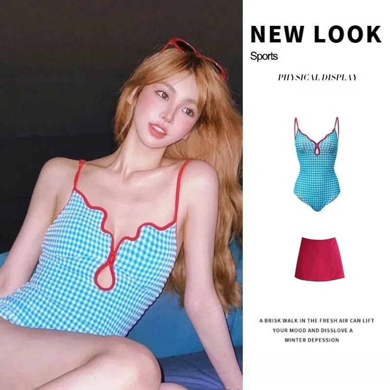 Women Sexy One Piece Swimwear Style Cute Checkered Open Back Bathing Suit Sweet Simple Swimsuit Summer Beachwear Swimsuit Dress