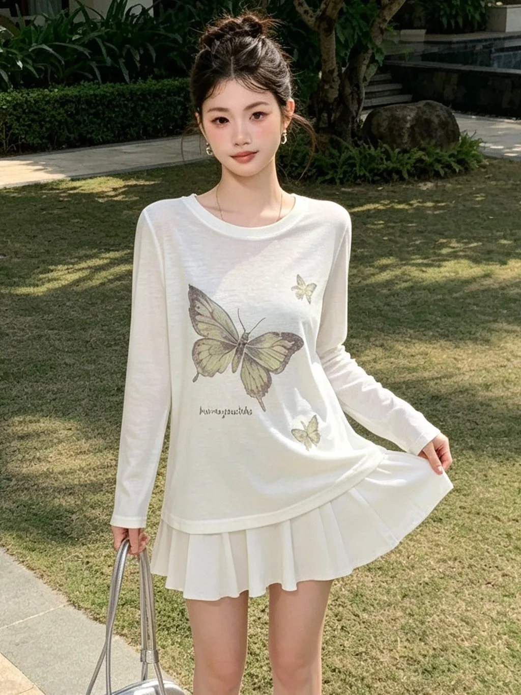 White  Print Lightweight Semi-Transparent Summer T-Shirt Women's Loose Fit Long Sleeve round Neck Printed Top