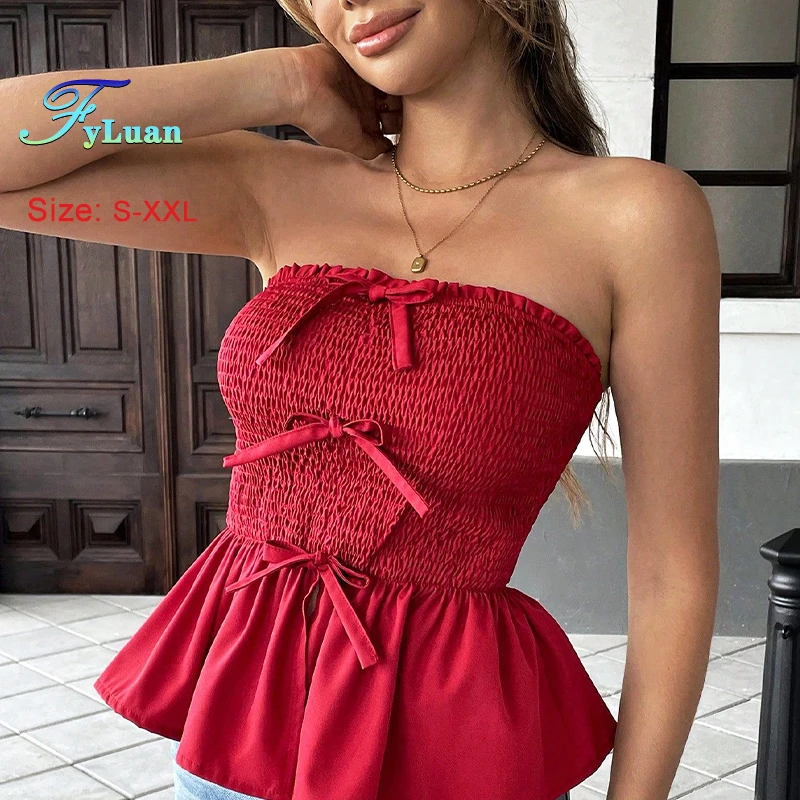 2025 صيف جديد إمرأة التفاف التمثال الأحمر لوتس ليف ثنيات القوس ديكور الحلو البنطال القصير بلا أكمام حمالة مثير حفلة سهرة فساتين #4