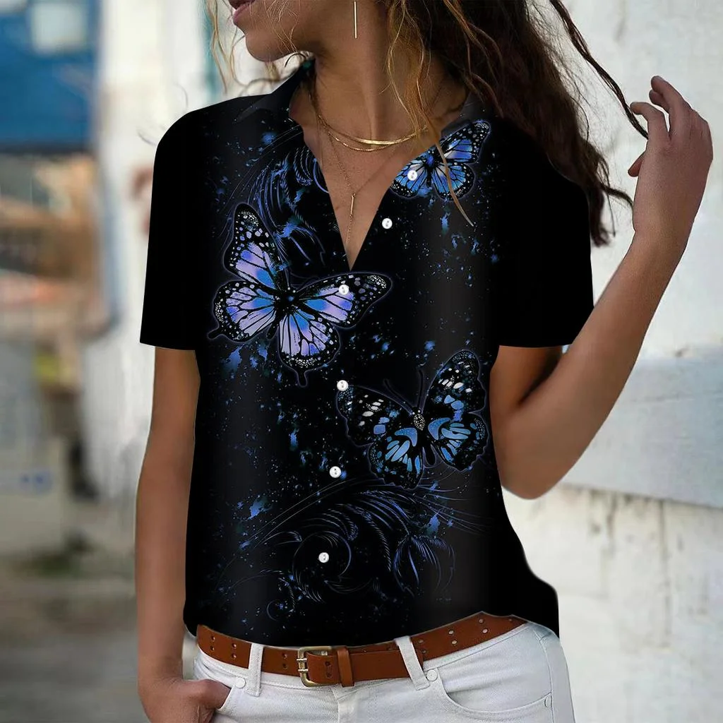 

women's short sleeve shirt Summer Blouses Tops Elegant bufferfly Print Shirts