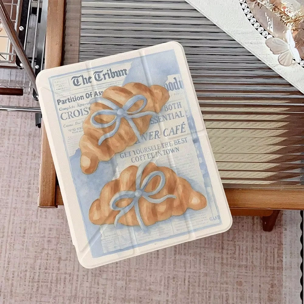 Blue Bow Delicious Croissant Newspaper Tablet Case For iPad Pro 13 11th A16 12.9