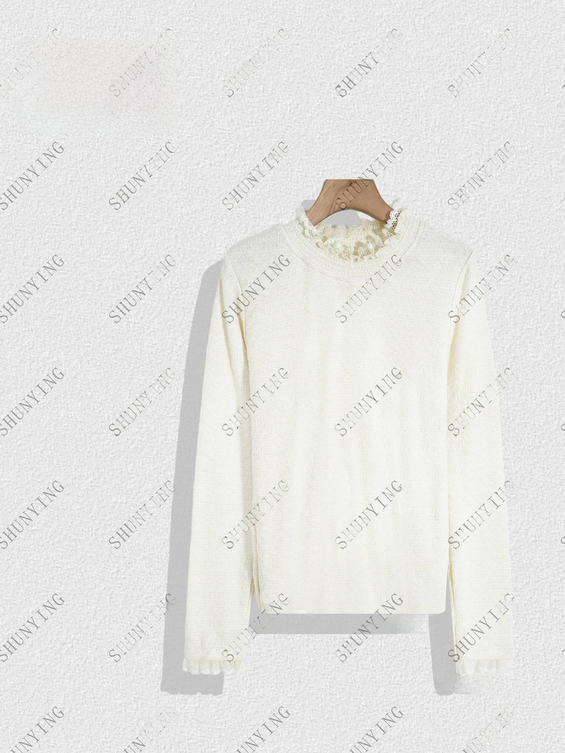 

Женская базовая кофта с кружевными вставками и высоким воротником, весна 2026, повседневная, с длинным рукавом, из мягкого полиэфирного волокна, для ношения под одеждой