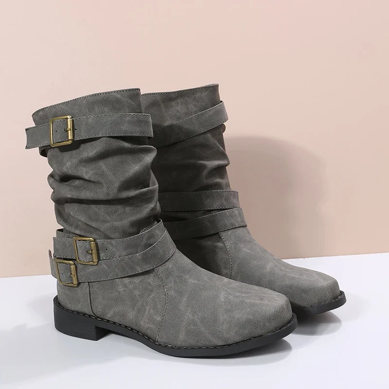 Women's Single Boots New Vintage Buffed Leather Cowhide Buckle Knight Boots Casual Height-raising Non-slip Fashion Boots