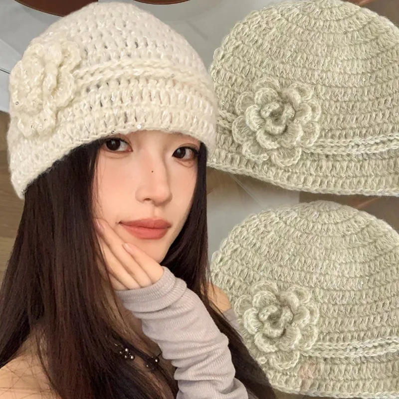 

Y2K Flower Knitted Hat for Women Winter Warm Bilingbling Beanie Slouchy Style Hat Casual Beige Handmade Thick Knit Caps Bonnet